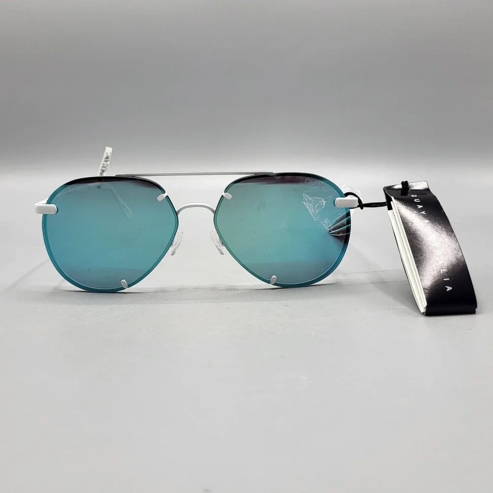 Quay Australia Sunglasses Womens Rebelle Aviator Blue Mirrored Lens White Frame